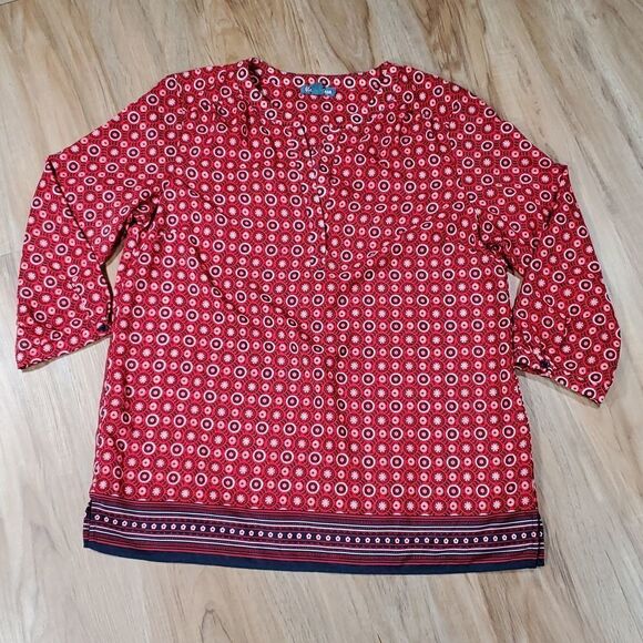 🔺️Anthropologie Fleur Bleue Red & Blue Print Popover 3/4 Sleeve Top Medium - Picture 1 of 11
